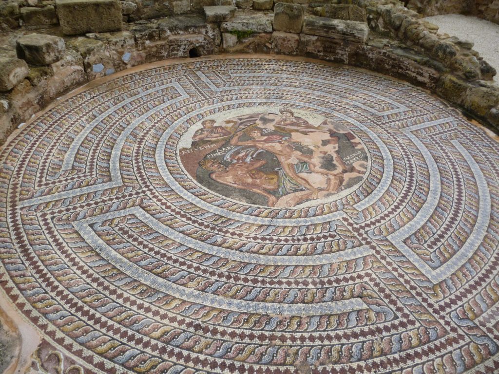 Mosaic of the labyrinth with Theseus, the Minotaur, and Ariadne.